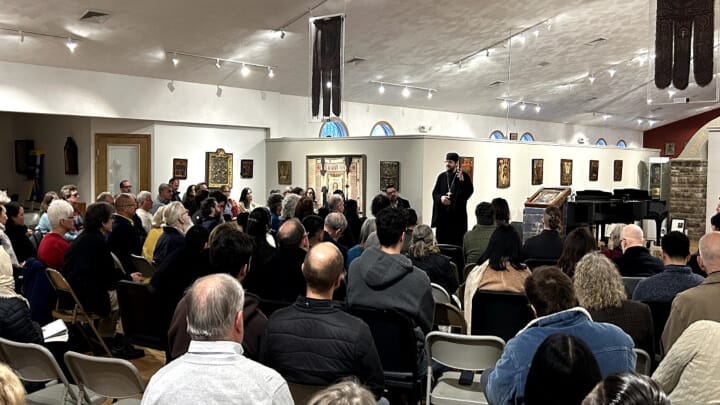 Archimandrite Sergius speaks to the crowd during the Nativity Retreat. Photo: Luke Albanese