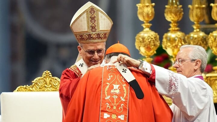 Cardinal McElroy receives the pallium from Pope Leo. Source: Catholic Standard