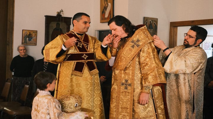 Bsp. Vasily presides over Divine Liturgy at SVOTS. Photo: Seminarians Scott Strickland and Andrew Neel