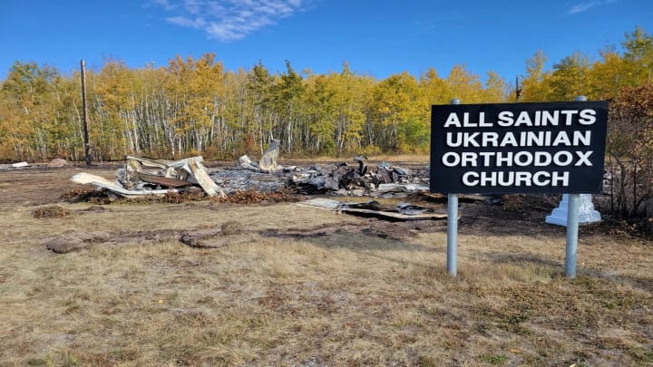 Ash and rubble is all that remains of the All Saints Ukrainian Orthodox Church parish in Bellis after an arson fire that burned down the church on Sunday, Sept. 21, 2025. Photo: