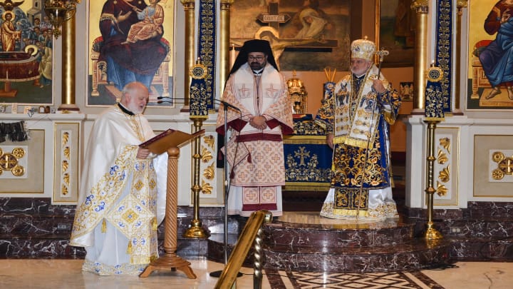 Fr. Apostolos Georgiafentis is pictured along with Met. Nathanael and Abp. Elpidophoros. Photo: Christos Panos
