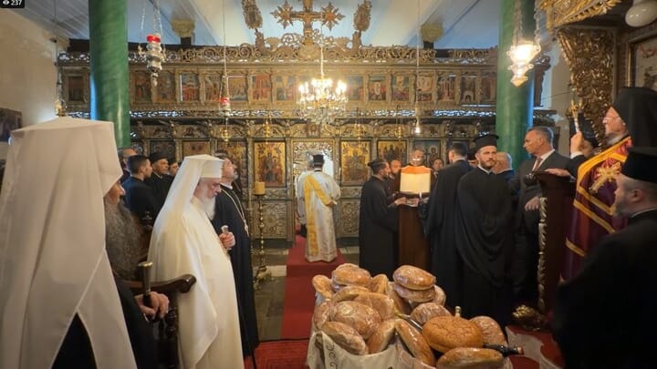 Patr. Daniel of Bulgaria (far left), Patr. Daniel of Romania (in white), and Patr. Bartholomew (far right) at the welcome doxology in Imbros. Photo: Ecumenical Patriarch / Facebook video