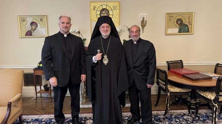 L to R: Rev. Fr. Elias Villis, Protopresbyter of the Ecumenical Throne; Abp. Elpidophoros; and Reverend Protopresbyter Paschalios Legato. Photo: orthodoxobserver.org