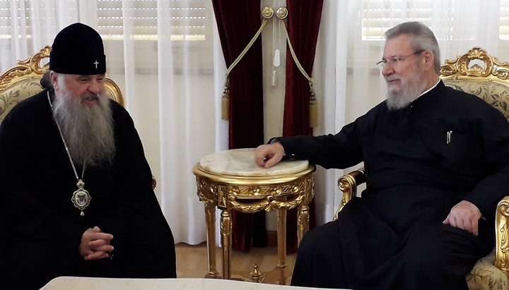 Primate of the Cyprus Orthodox Church, His Beatitude Archbishop Chrysostomos II, at a meeting with a ROC hierarch