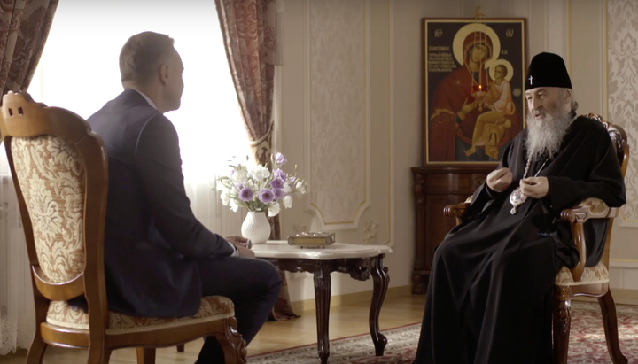 The Primate of the UOC, Metropolitan Onuphry, gave an interview to Inter TV channel. Photo: YouTube screenshot.