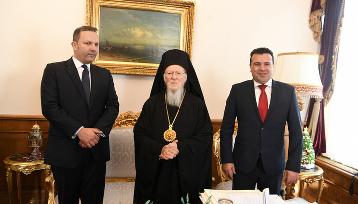 Oliver Spasovski, Patriarch Bartholomew and Zoran Zaev. Photo: romfea.gr