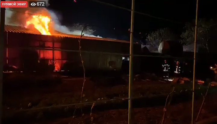 A fire at the Holy Dormition Monastery. Photo: a video screenshot on the Facebook page of the Odessa Eparchy 