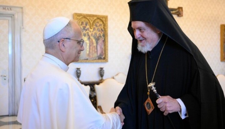 Pope Leo greets Metropolitan Emmanuel of Chalcedon. Photo: Vatican Media