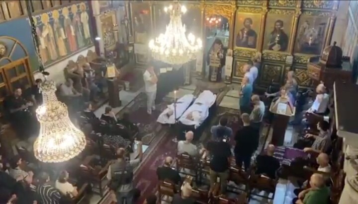 A funeral was held at the St. Porphyrios Church for two Orthodox Christians who were killed in an Israeli strike on the Holy Family Catholic Church. Photo: Khalil Sayegh