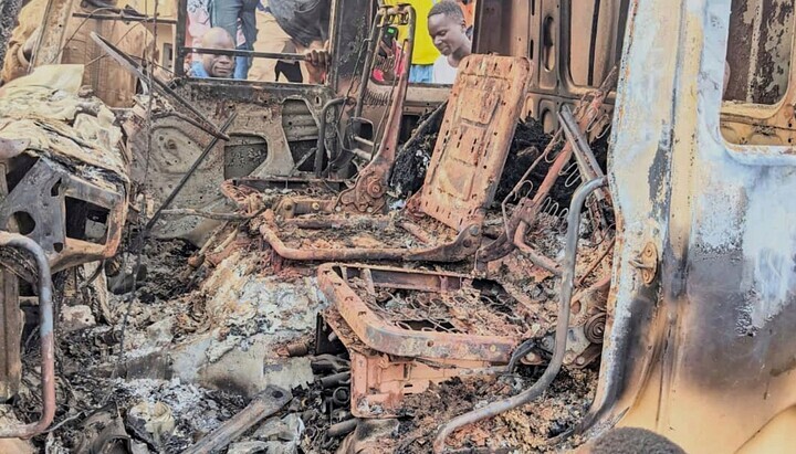 Charred remains of a car after the assault in Komanda, Ituri Province, Congo. Photo: Sky News
