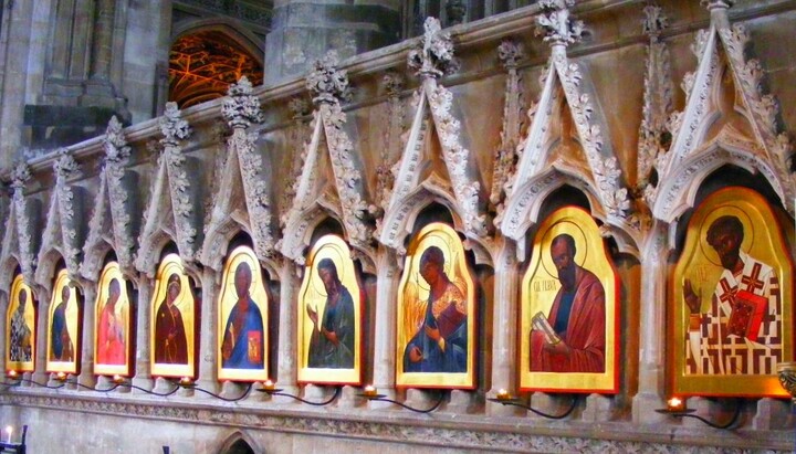 Icon of St. Swithun (far right) in Winchester Cathedral