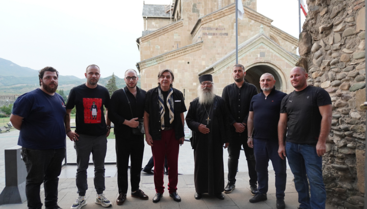 Rev. David Jishkariani with the Union of Orthodox Journalists Georgian team at Svetitskhoveli. Photo: UOJ