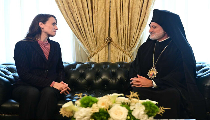 Abp. Elpidophoros meets with Romania's Minister of Foreign Affairs. Photo: Orthodox Observer/Dimitrios Panagos