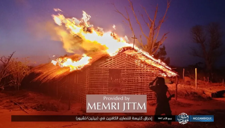 A home with a cross placed on top is burned down by Islamic terrorists in Mozambique. Photo: MEMRI