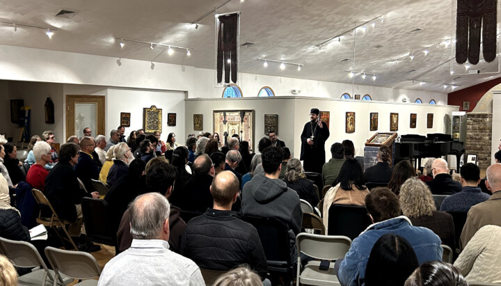 Archimandrite Sergius speaks to the crowd during the Nativity Retreat. Photo: Luke Albanese
