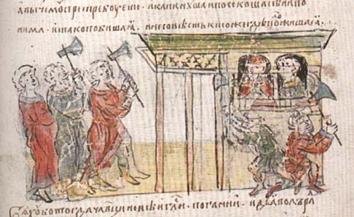 The lot fell on the son of a noble Varangian who had come to Russia from the Byzantine Empire and converted to Christianity. The Varangian refused to sacrifice his son, and then by Vladimir’s orders he and his entire family were killed.