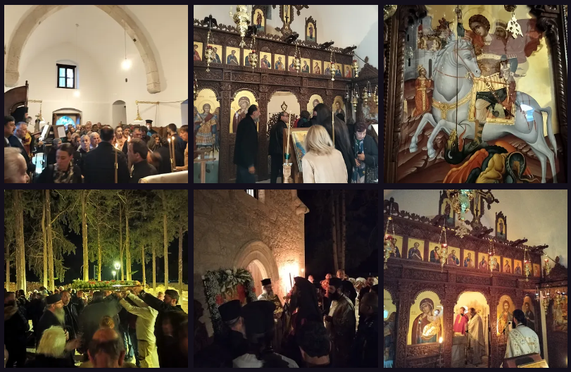 Pilgrims venerating the relics; the iconostasis; the copy of the monasteries St. George icon; going under the icon during the midnight procession; prayers after the procession; the final litany before the end of liturgy.